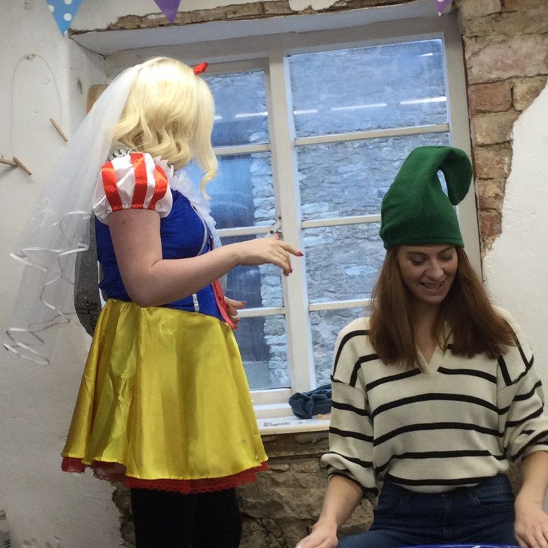 pottery hen party girls dressed as snow white and the seven dwarfs