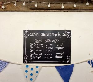 black chalk board poster displayed on wall surrounded by blue bunting ing 'eastnor pottery's step by step'