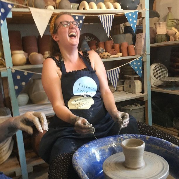 have a go on the potter's wheel is hilarious fun at eastnor pottery