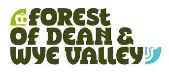 forest of dean & wye valley logo. Dark green letters on a white background. A crown image at the beginning of the sentence and a stylised river logo at the end.