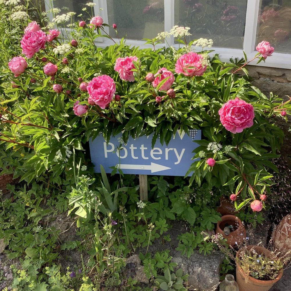 sign reading 'pottery' with an arrow surround by green shrubbery and pink peonies