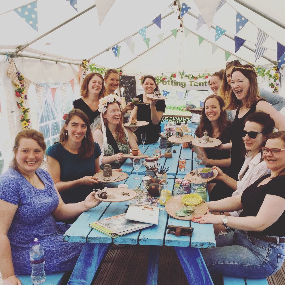 pottery hen party in the potting tent at eastnor pottery and the flying potter