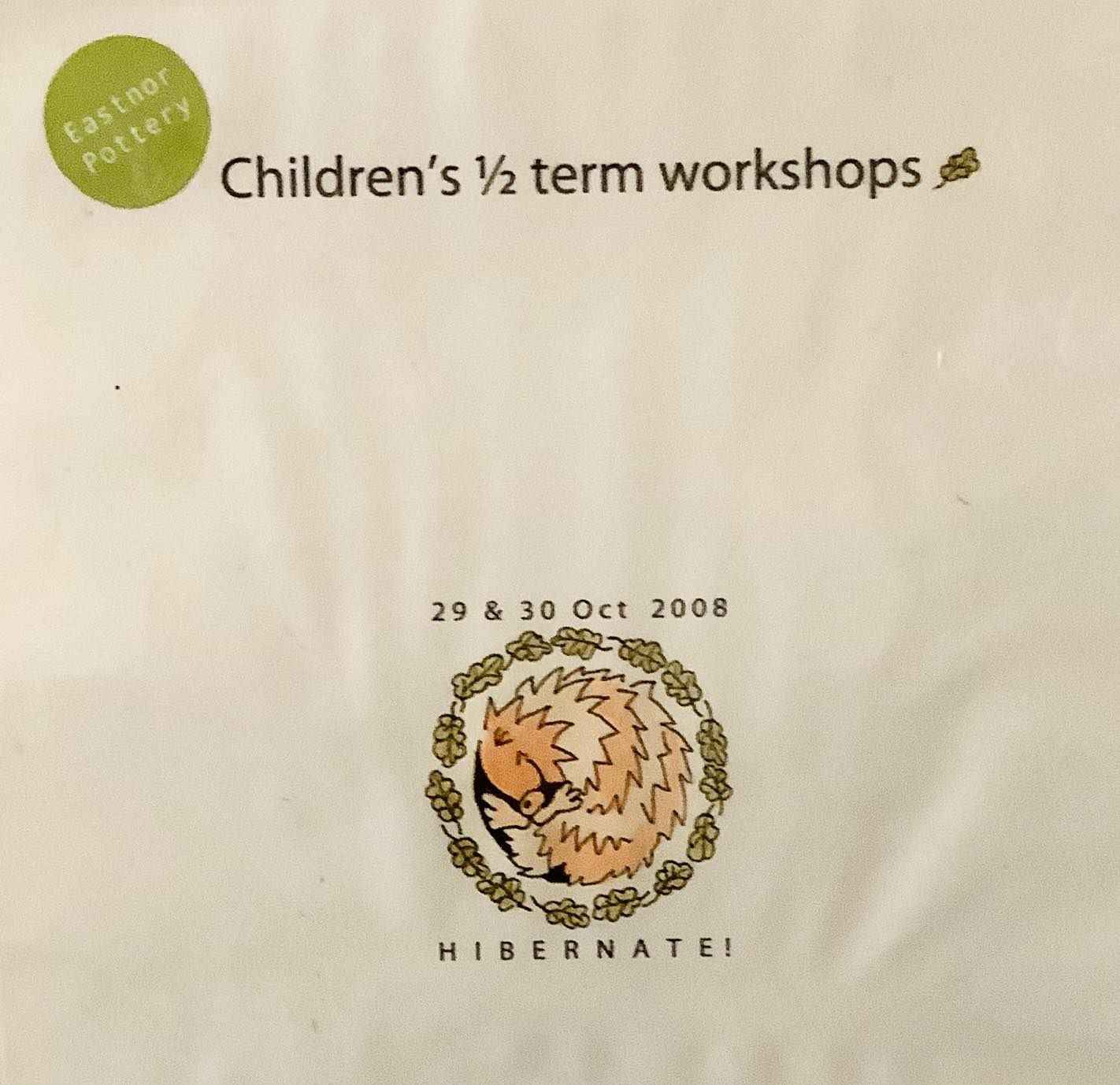 eastnor pottery poster from 2008 promoting a children's pottery workshop called hibernate. The image in the centre of the poster depicts a hand draw cartoon smiling curled up hedgehog surrounded by oak leaves