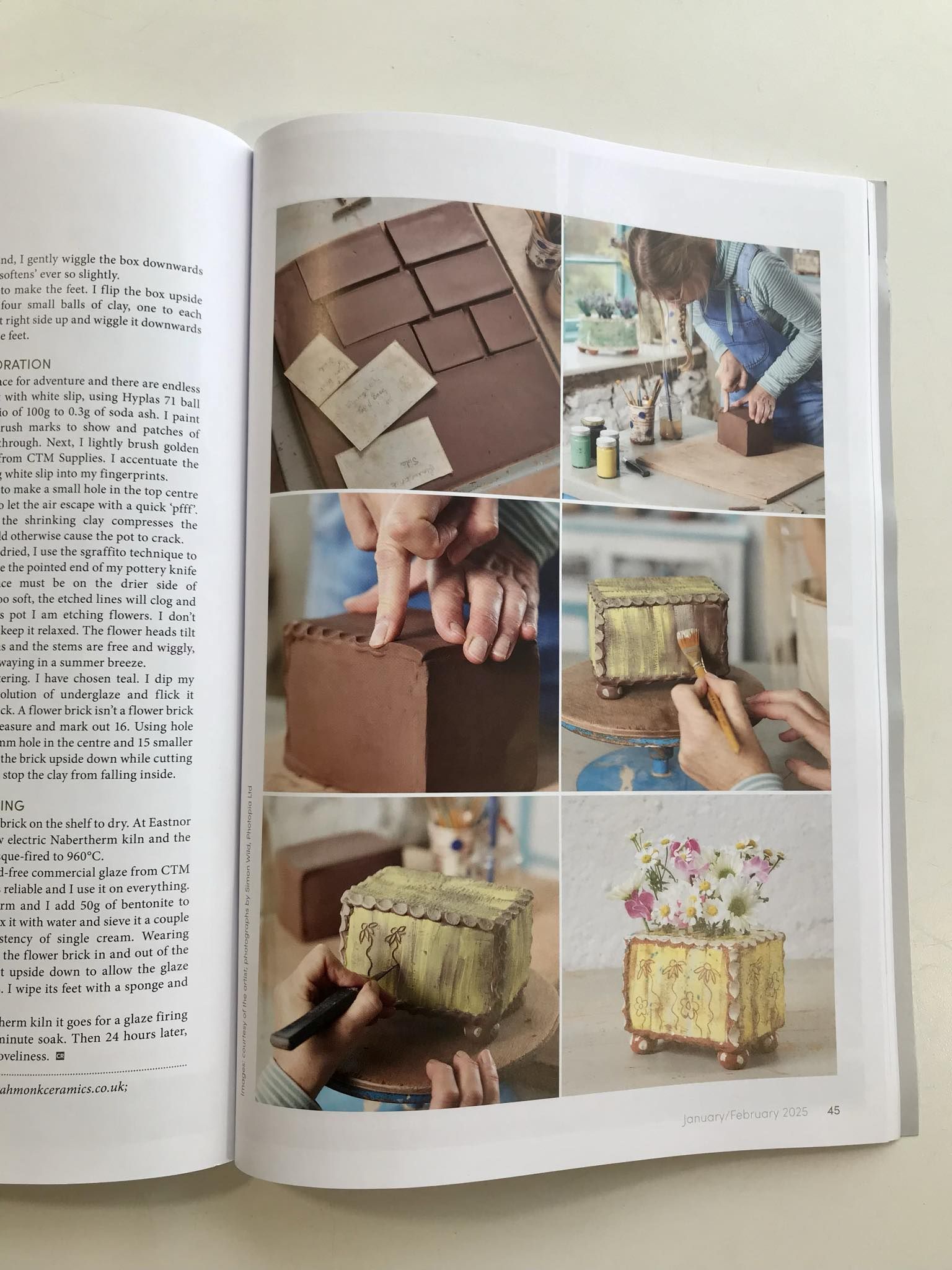 Ceramic Review Magazine open at pages 44 and 45 an article written by Sarah Monk describing how she makes a soft slab flower brickalong with photographs of the different stages in the making process.. Cutting out slabs, assembling clay pieces , painting slips with a brush and drawing sgraffito flowers.