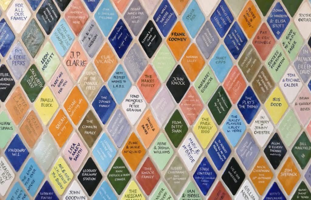 colourful harlequin style diamond pottery wall tiles at ledbury market theatre in herefordshire