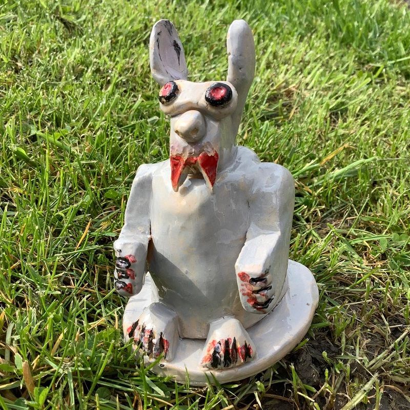 grey pottery robo rabbit made by a person attending clay modelling pottery class at eastnor pottery