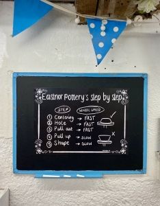 black chalk board poster displayed on wall with a teal frame reading 'eastnor pottery's step by step'