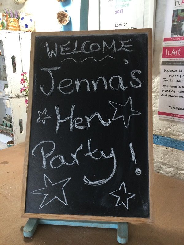 jennas hen party welcome chalk board at eastnor pottery