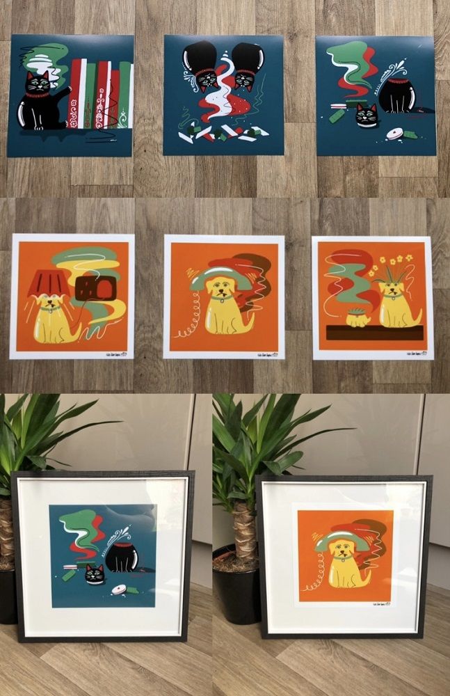 selection of prints cats and dogs framed and unframed